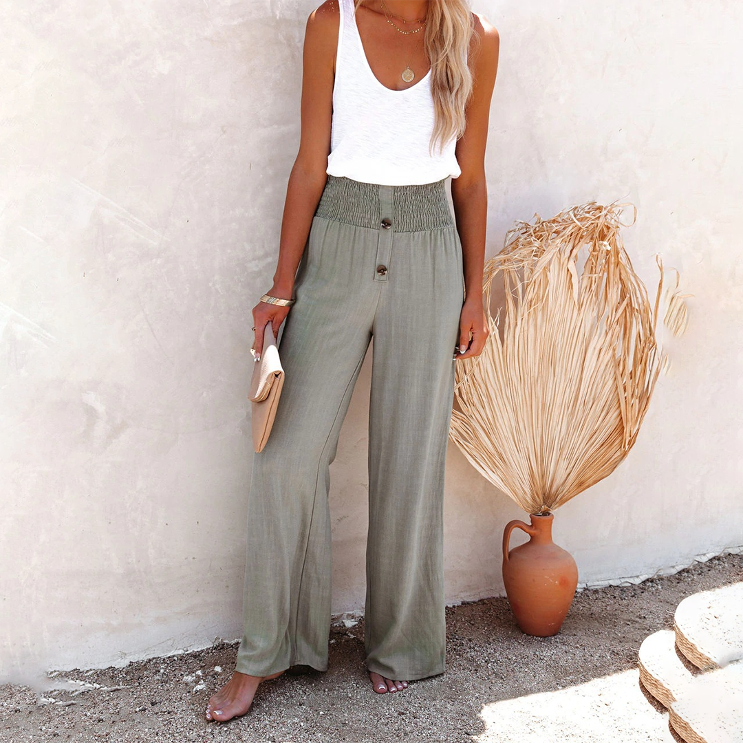 Wijde Zomerbroek | Luchtig en Elegant | Hoge Taille met Knoopdetails