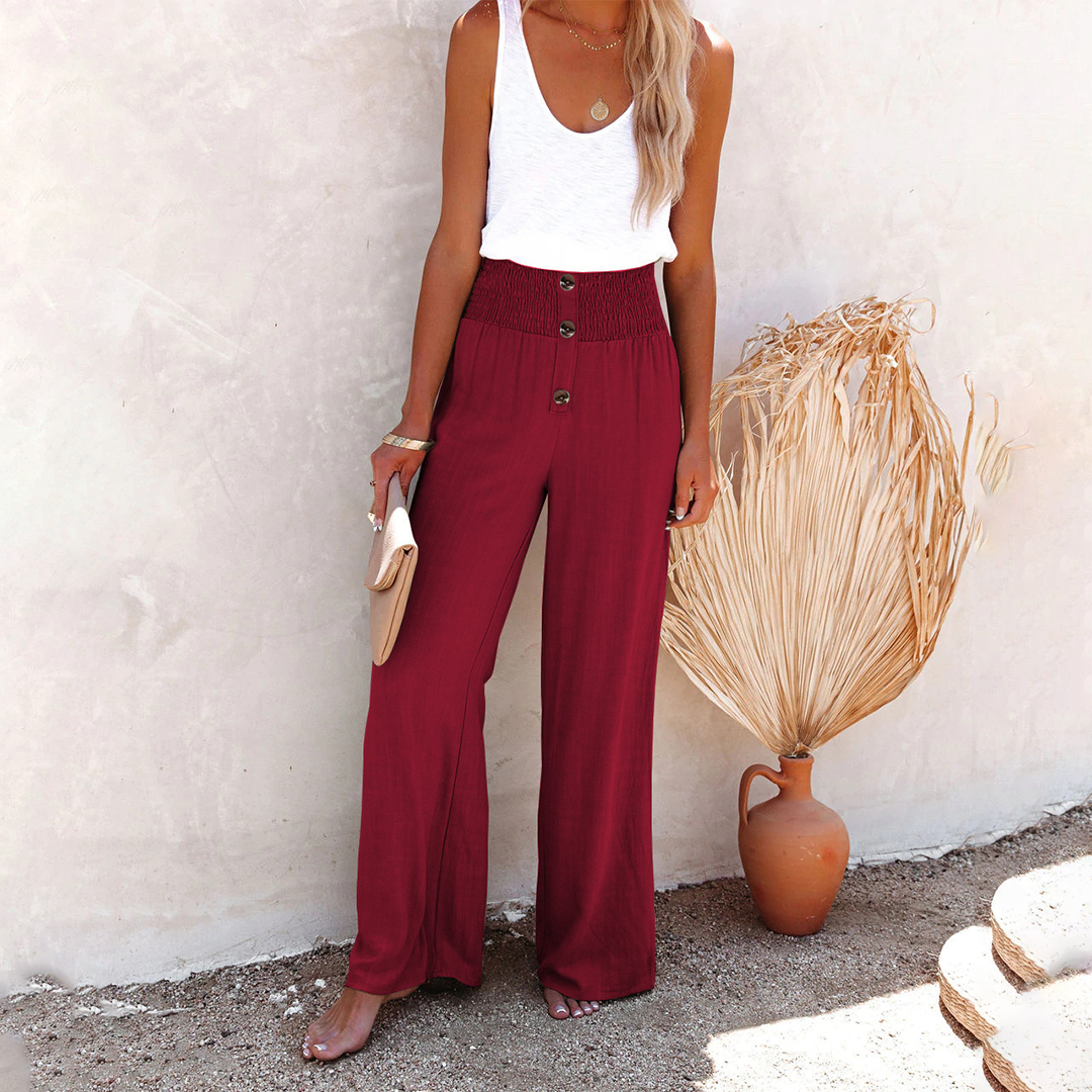 Wijde Zomerbroek | Luchtig en Elegant | Hoge Taille met Knoopdetails