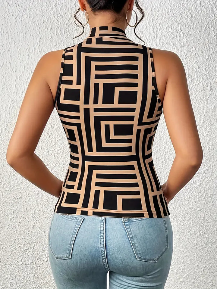 Dames Top | Geometrisch Patroon en Hoge Hals | Trendy en Comfortabel
