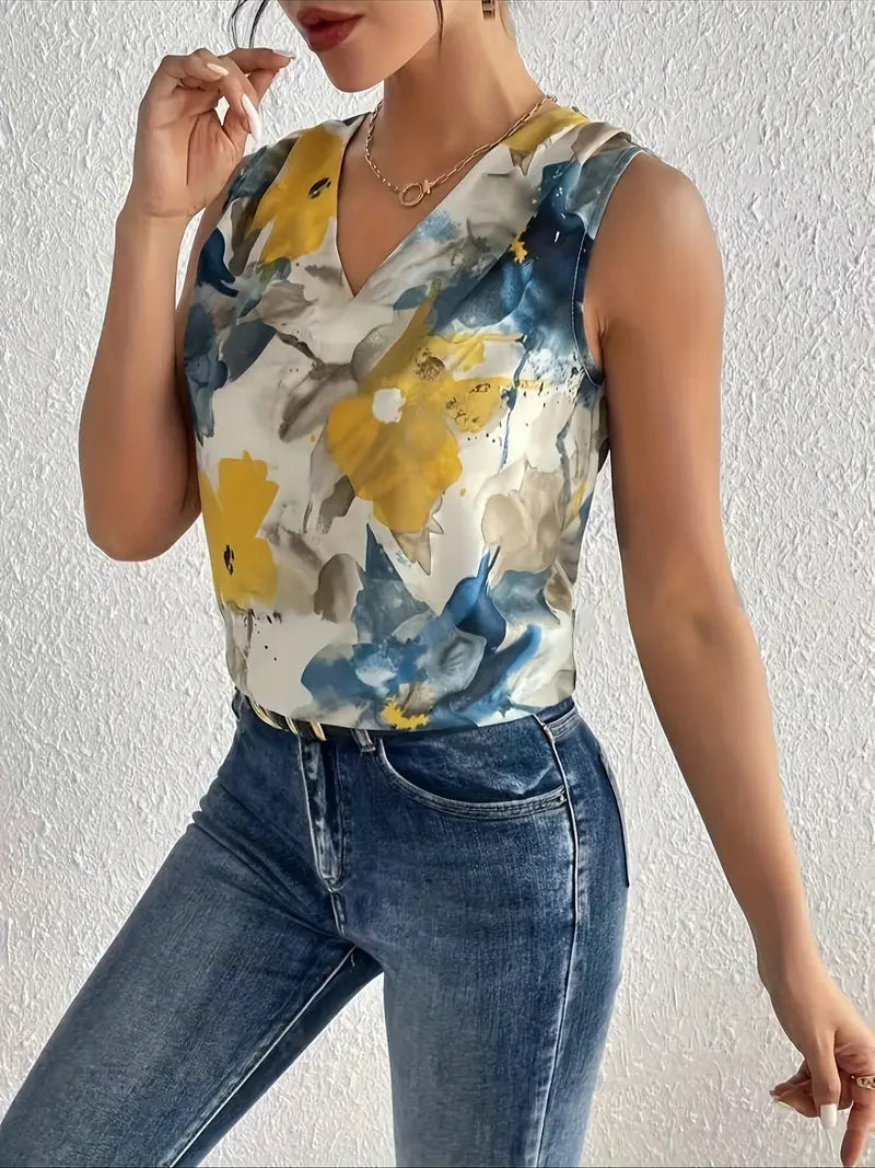 Mouwloze Blouse | V-hals | Bloemenprint & Elegant