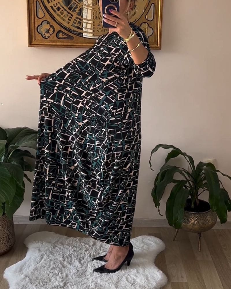 Lange A-lijn Jurk | Geometrische Print & Driekwartmouwen | Stijlvolle Elegant