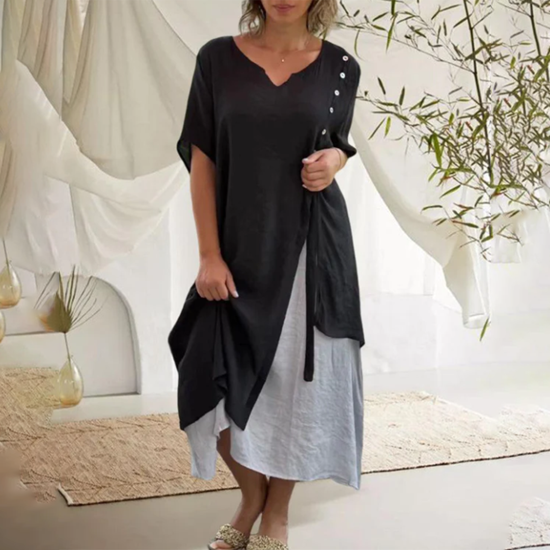 Asymmetrische Midi-Jurk | Laagjeslook & Knoopdetails | Casual Elegant