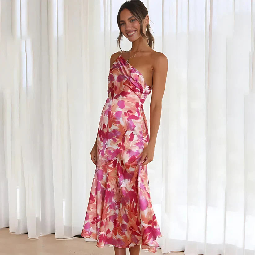 Asymmetrische Satijnen Jurk | Elegant & Chic | Bloemenprint