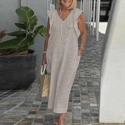 Linnenlook Maxi-jurk | V-hals & Ruches | Luchtig en Stijlvol