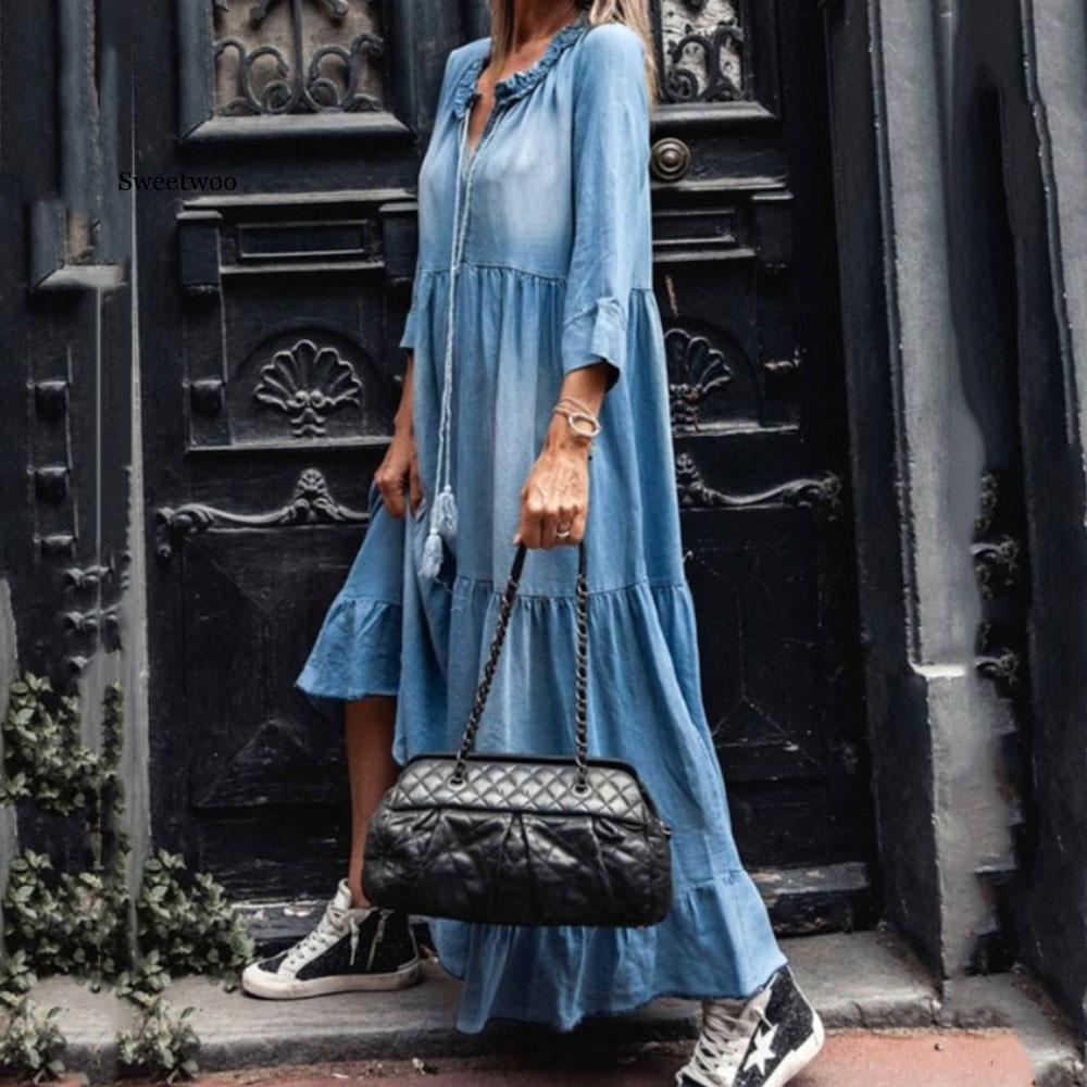 Bohemian Denim Maxi Jurk | Casual & Trendy | Luchtige Pasvorm