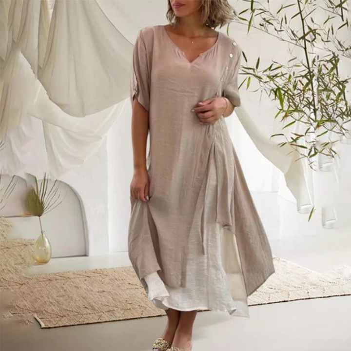 Asymmetrische Midi-Jurk | Laagjeslook & Knoopdetails | Casual Elegant