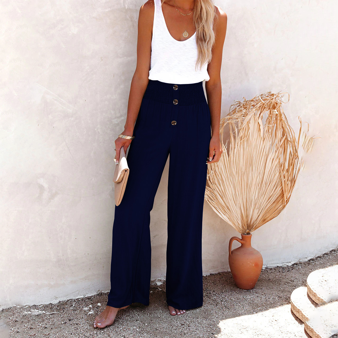 Wijde Zomerbroek | Luchtig en Elegant | Hoge Taille met Knoopdetails