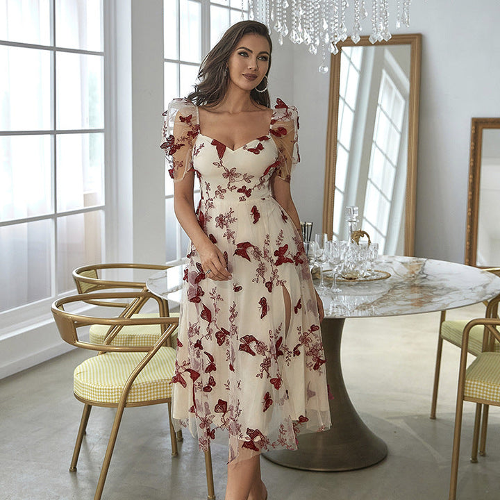 Off-Shoulder Tule Midi-Jurk | 3D Bloemen & Elegante Pasvorm | Perfect voor Feestelijke Gelegenheden