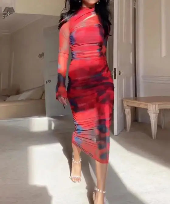 Bodycon Midi-Jurk | Abstracte Print & Mesh Mouwen | Stijlvolle Avondlook