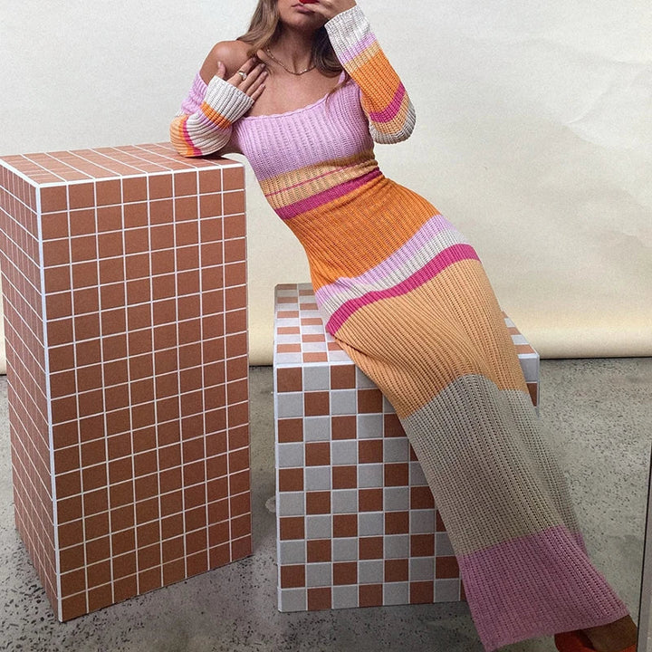 Gebreide Maxi Jurk | Kleurrijk & Trendy | Off-Shoulder