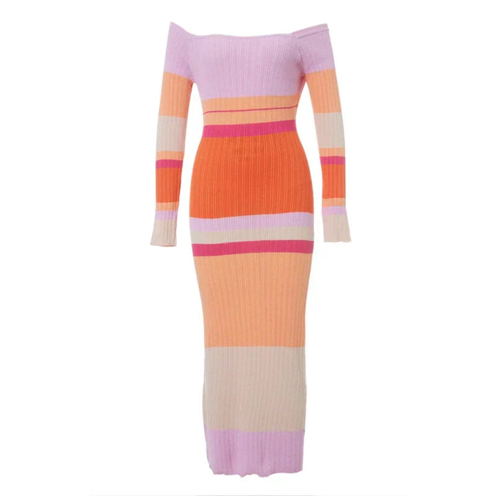 Gebreide Maxi Jurk | Kleurrijk & Trendy | Off-Shoulder