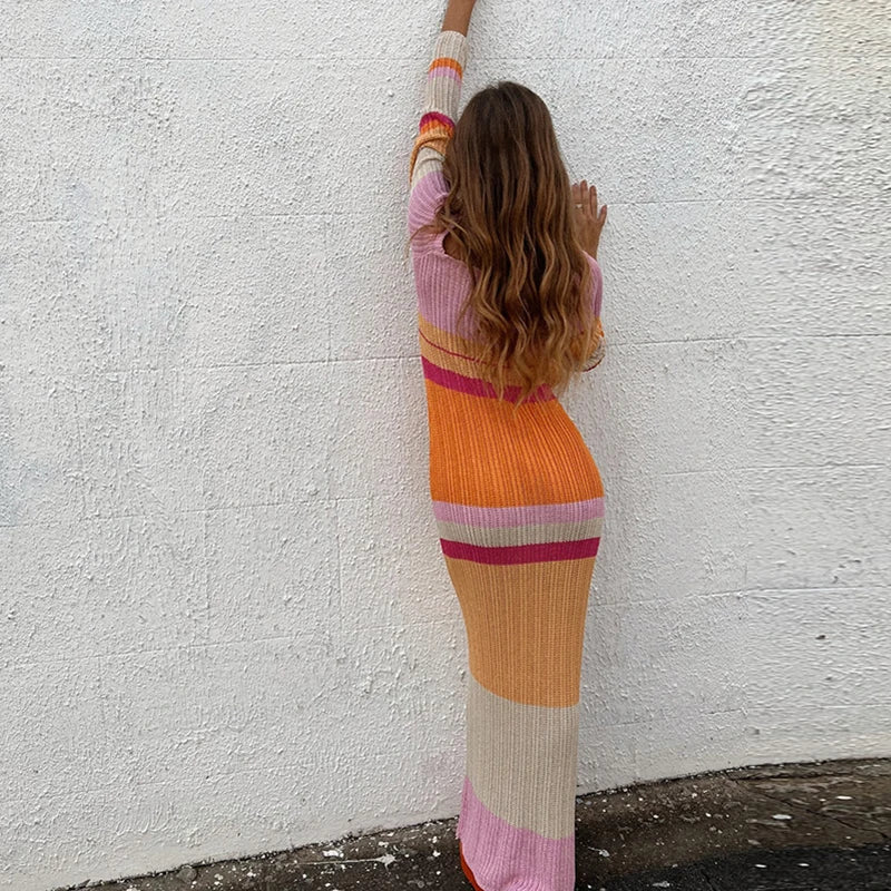 Gebreide Maxi Jurk | Kleurrijk & Trendy | Off-Shoulder