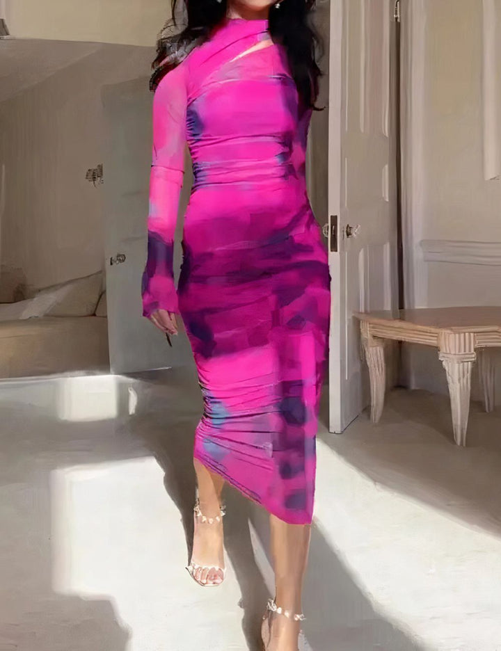 Bodycon Midi-Jurk | Abstracte Print & Mesh Mouwen | Stijlvolle Avondlook