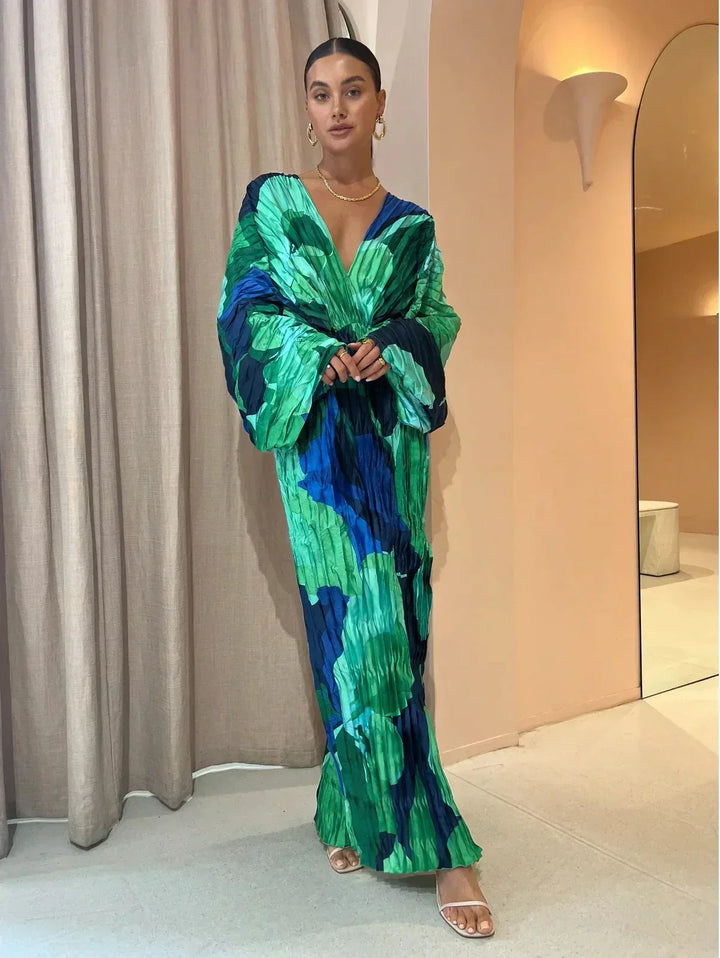 Plissé Maxi Jurk | Abstracte Print | Elegant en Uniek