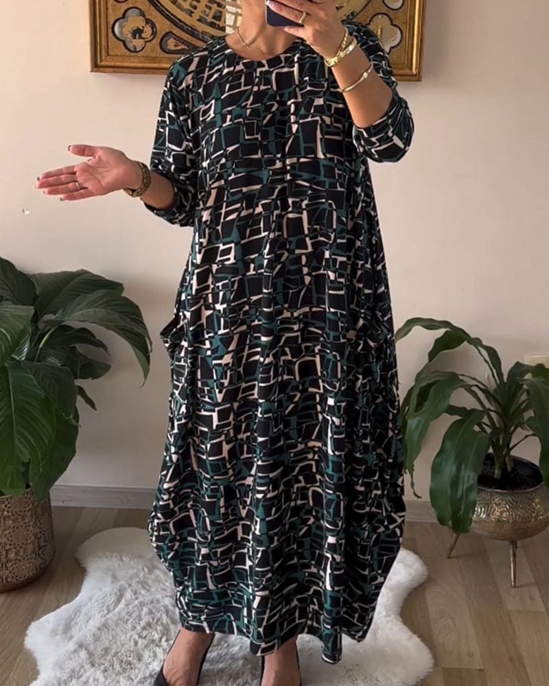Lange A-lijn Jurk | Geometrische Print & Driekwartmouwen | Stijlvolle Elegant