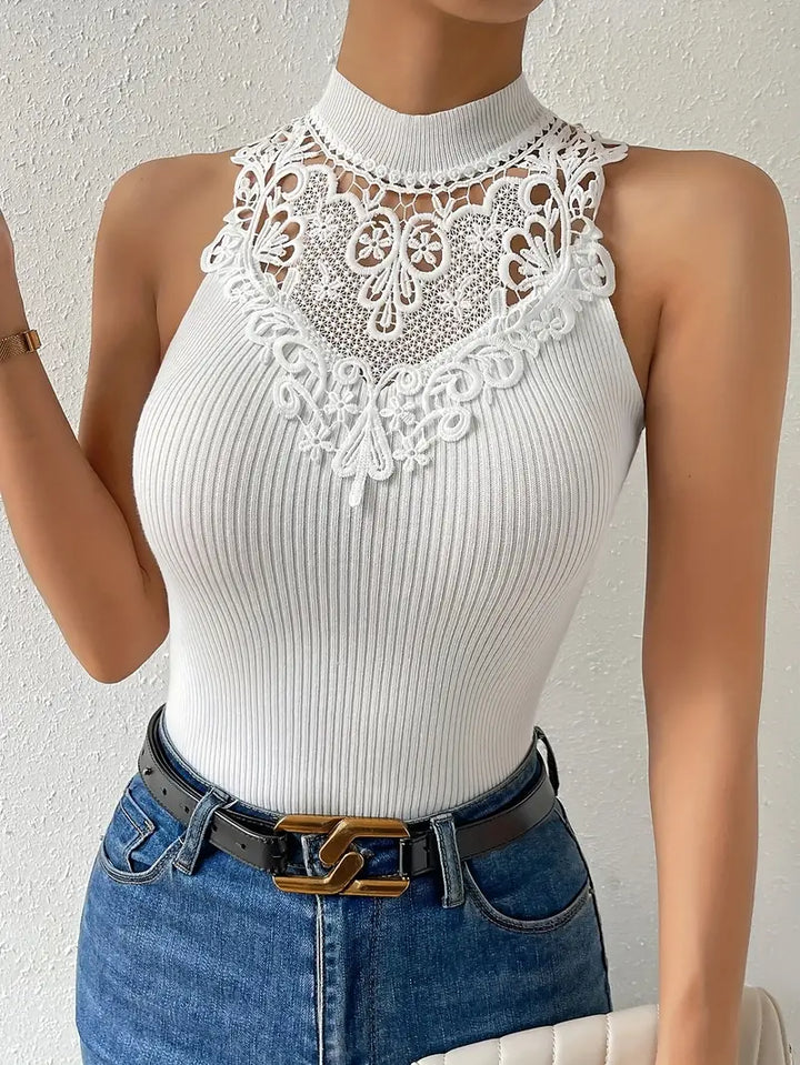 Dames Top | Kanten Halslijn en Ribstructuur | Elegant en Verfijnd